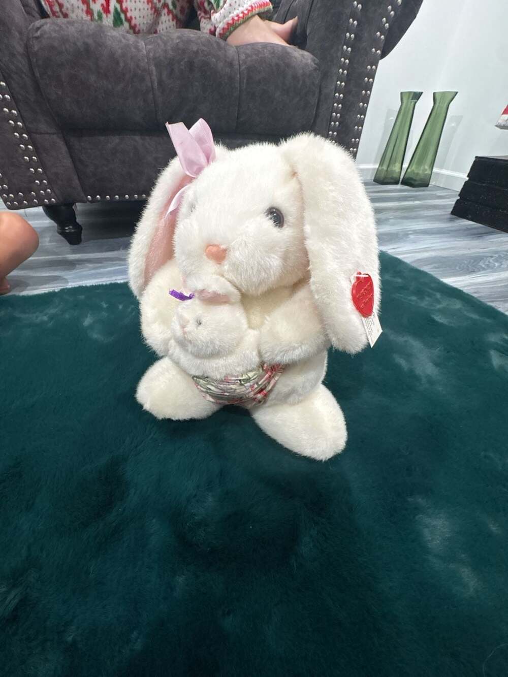 Vintage Russ Berrie Plush White Mother Bunny Rabbit with Baby in Floral Apron